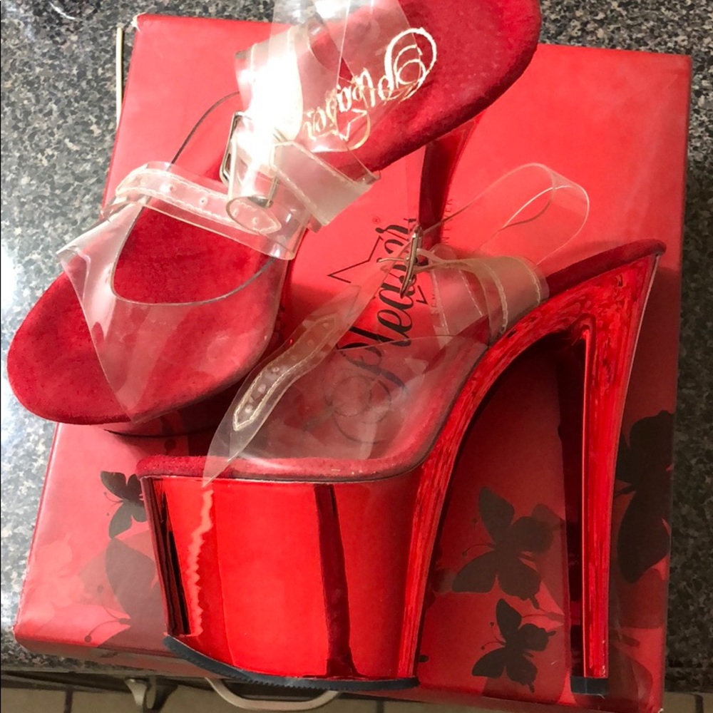 Used pleaser exotic heels in Red Chrome